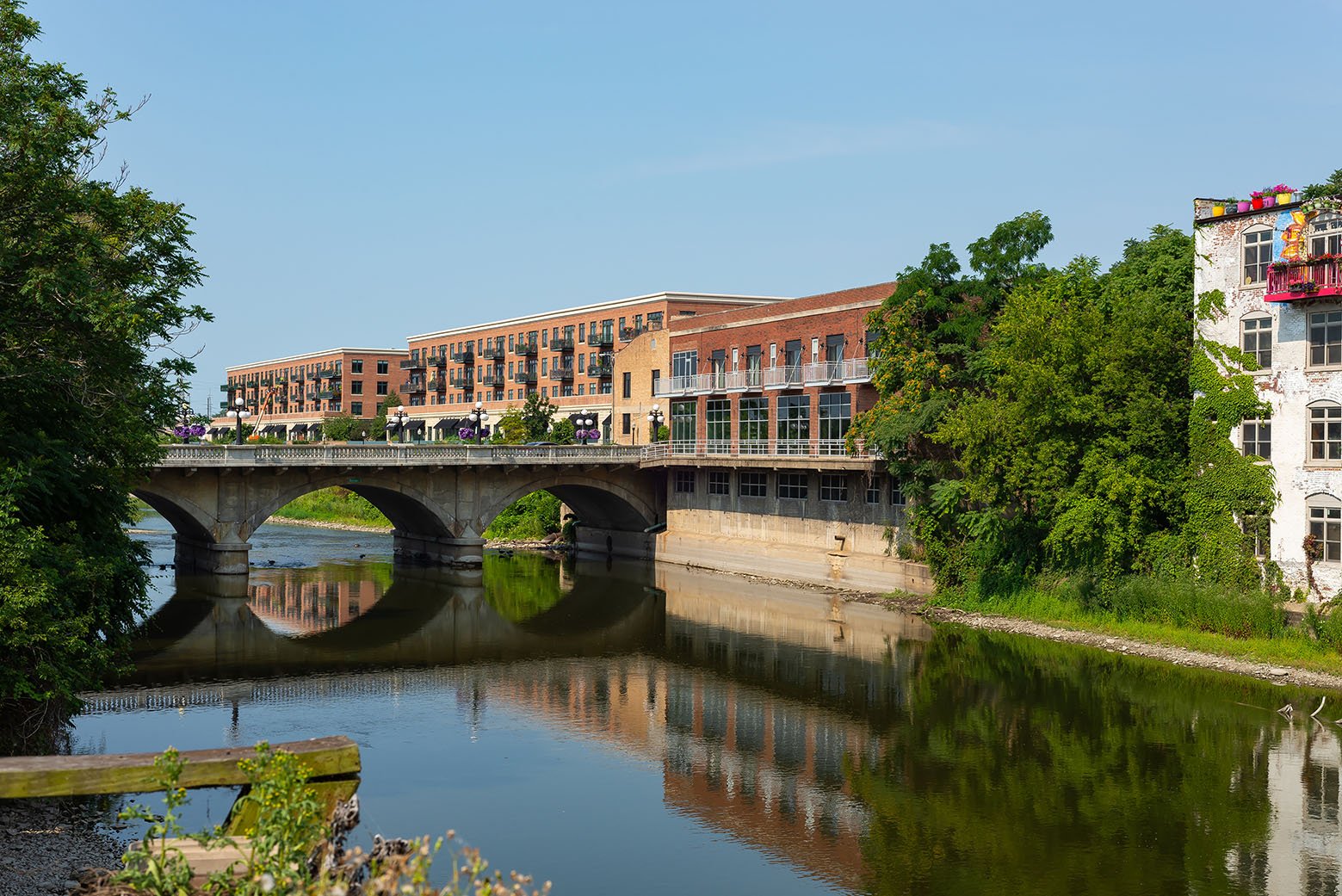 Looking down the Fox River on a beautiful Summer morning.  Aurora, Illinois, USA